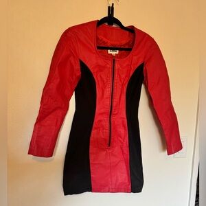 VTG Chia Leather Mini Dress Red Black Zip Long Sleeve Size Small EUC
